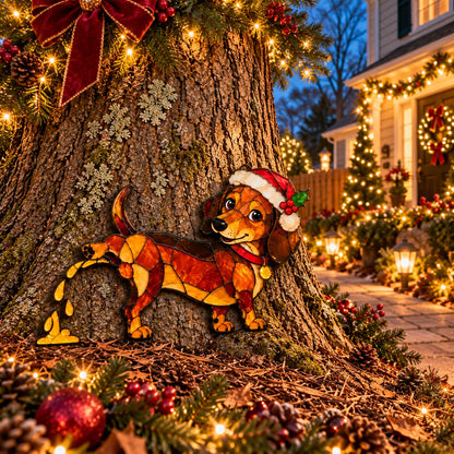 🐶🌭Funny Peeing Dachshund Christmas Decoration – Stained Glass-Style Sausage Dog Yard Art & Baseboard Decor