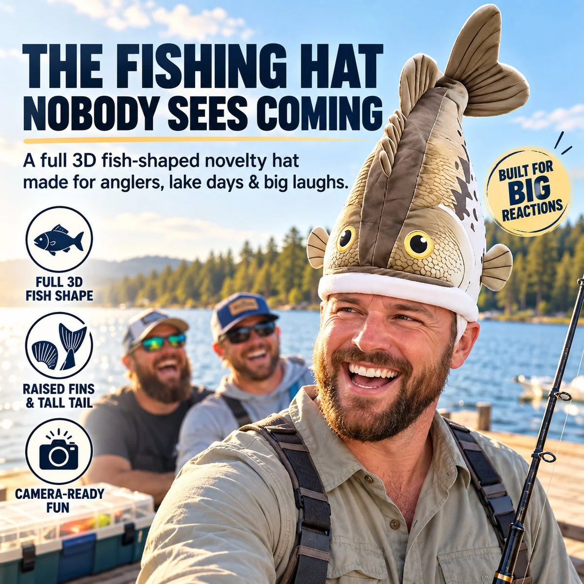Funny 3D fish hat worn during a fishing trip
