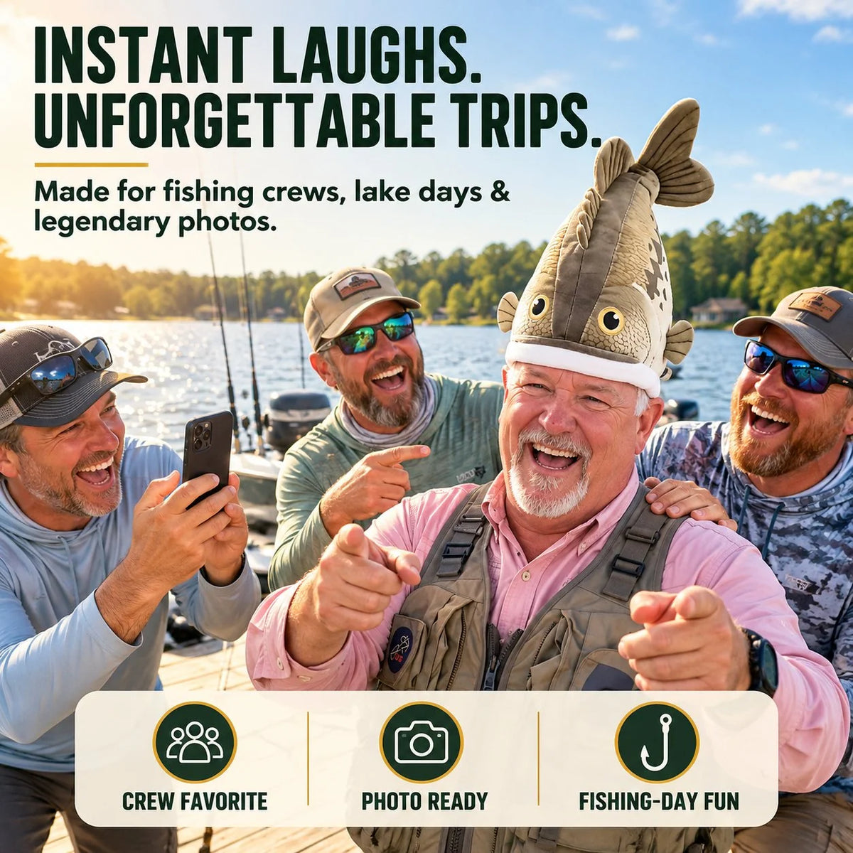 Fishing crew laughing with funny 3D fish hat