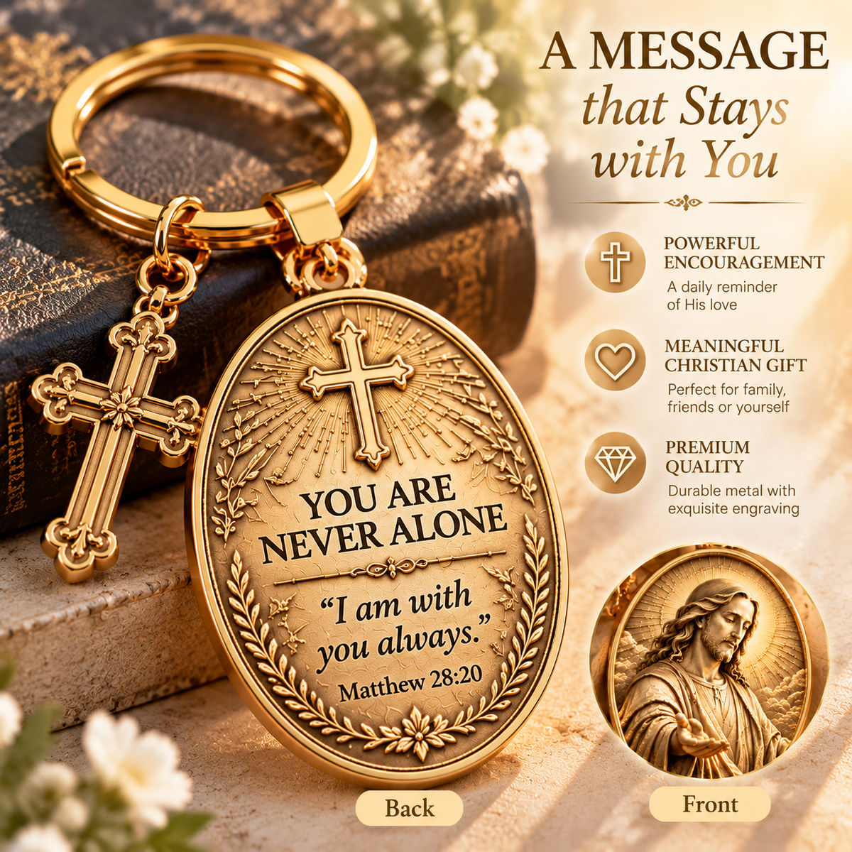 ✝️ You Are Never Alone – Jesus 3D Relief Keychain with Inspirational Scripture & Cross Charm
