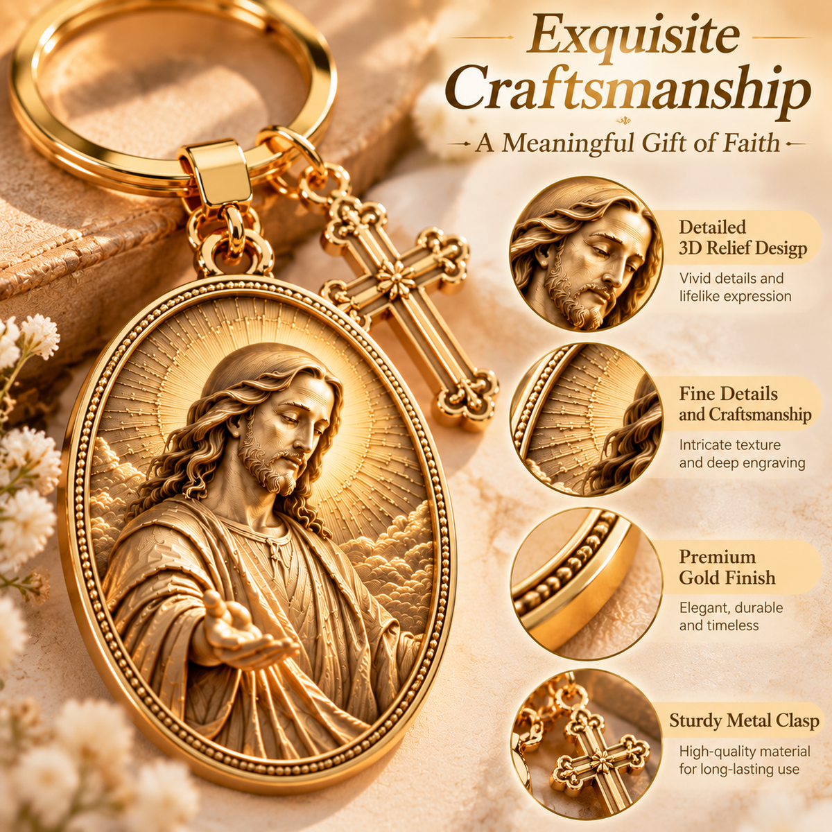 ✝️ You Are Never Alone – Jesus 3D Relief Keychain with Inspirational Scripture & Cross Charm