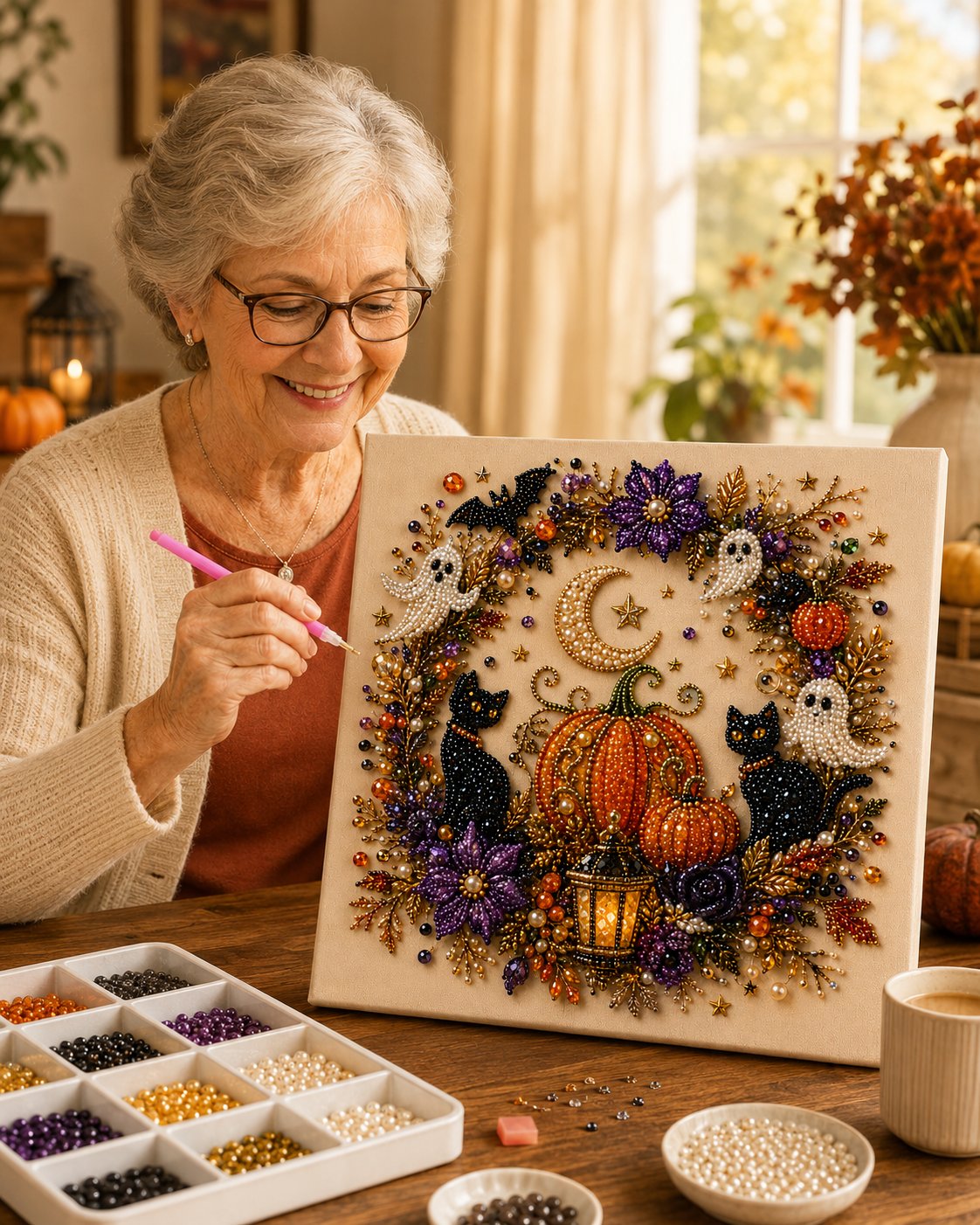 Halloween Pearl Art DIY Kit – Turn Tiny Pearls into Spooky-Cute Magic (Size:7.87in*7.87in)