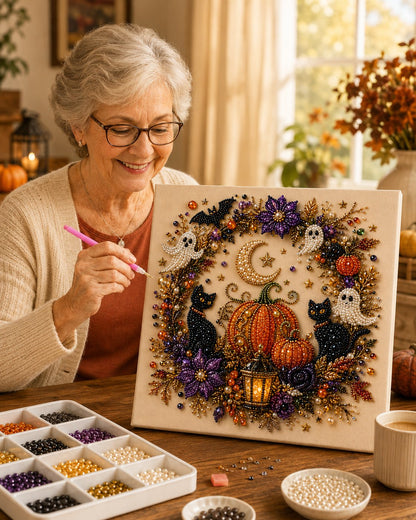 Halloween Pearl Art DIY Kit – Turn Tiny Pearls into Spooky-Cute Magic (Size:7.87in*7.87in)