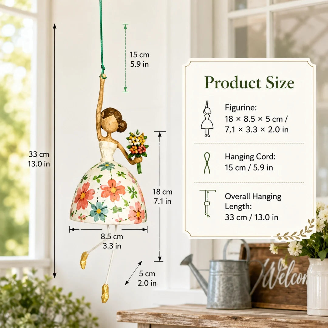 Whimsical Dancing Lady ornament dimensions and hanging length