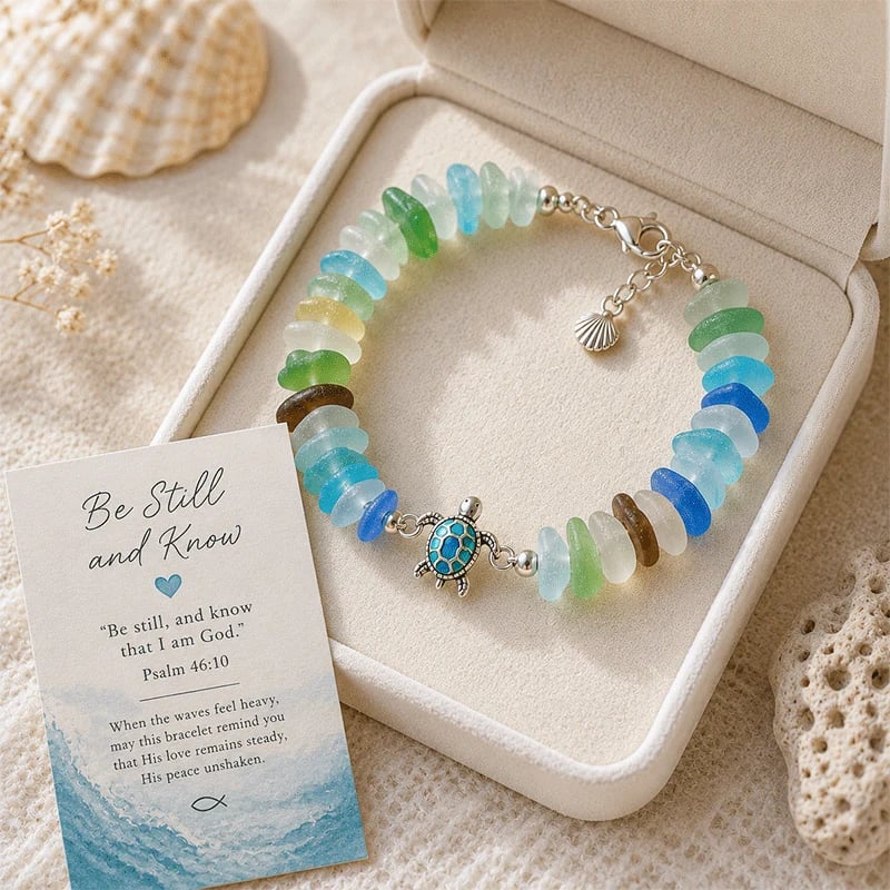 Sea Turtle Sea Glass Blessing Bracelet with faith-inspired message card