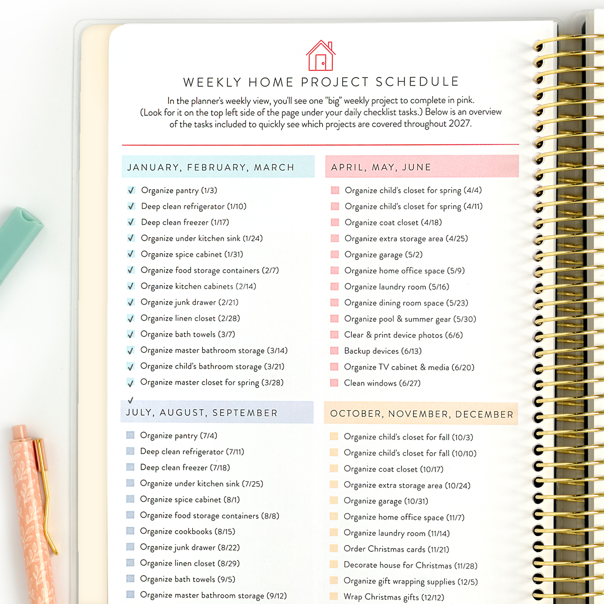 2027 blush home planner weekly home project schedule page