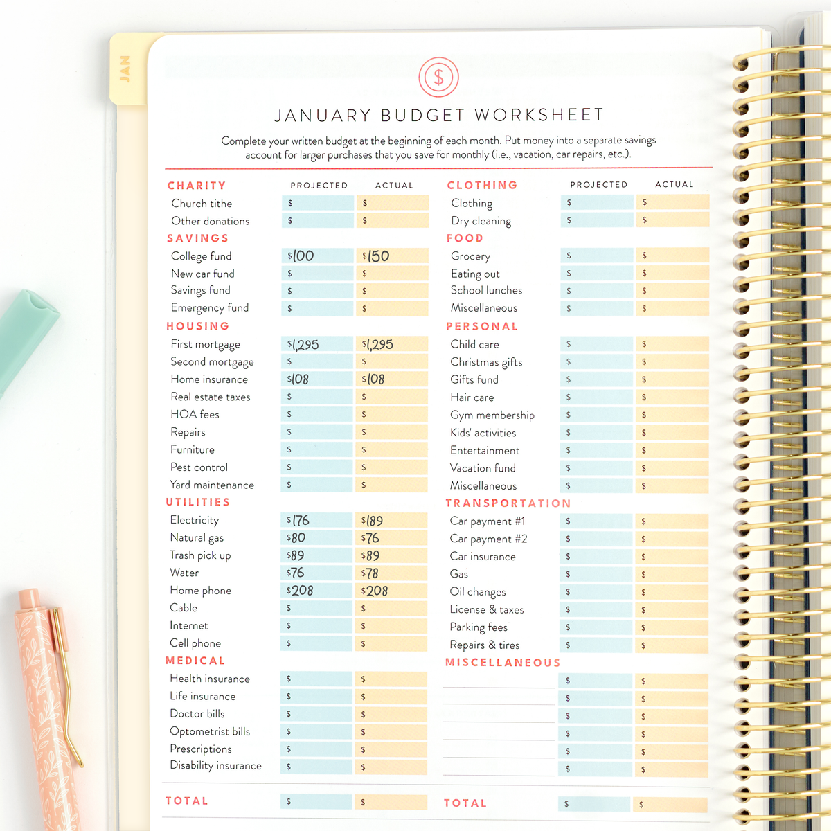 2027 blush home planner january budget worksheet page