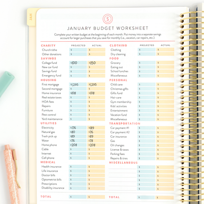 2027 blush home planner january budget worksheet page