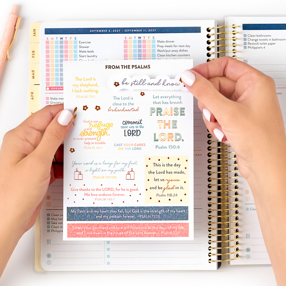 2027 blush home planner sticker page being held