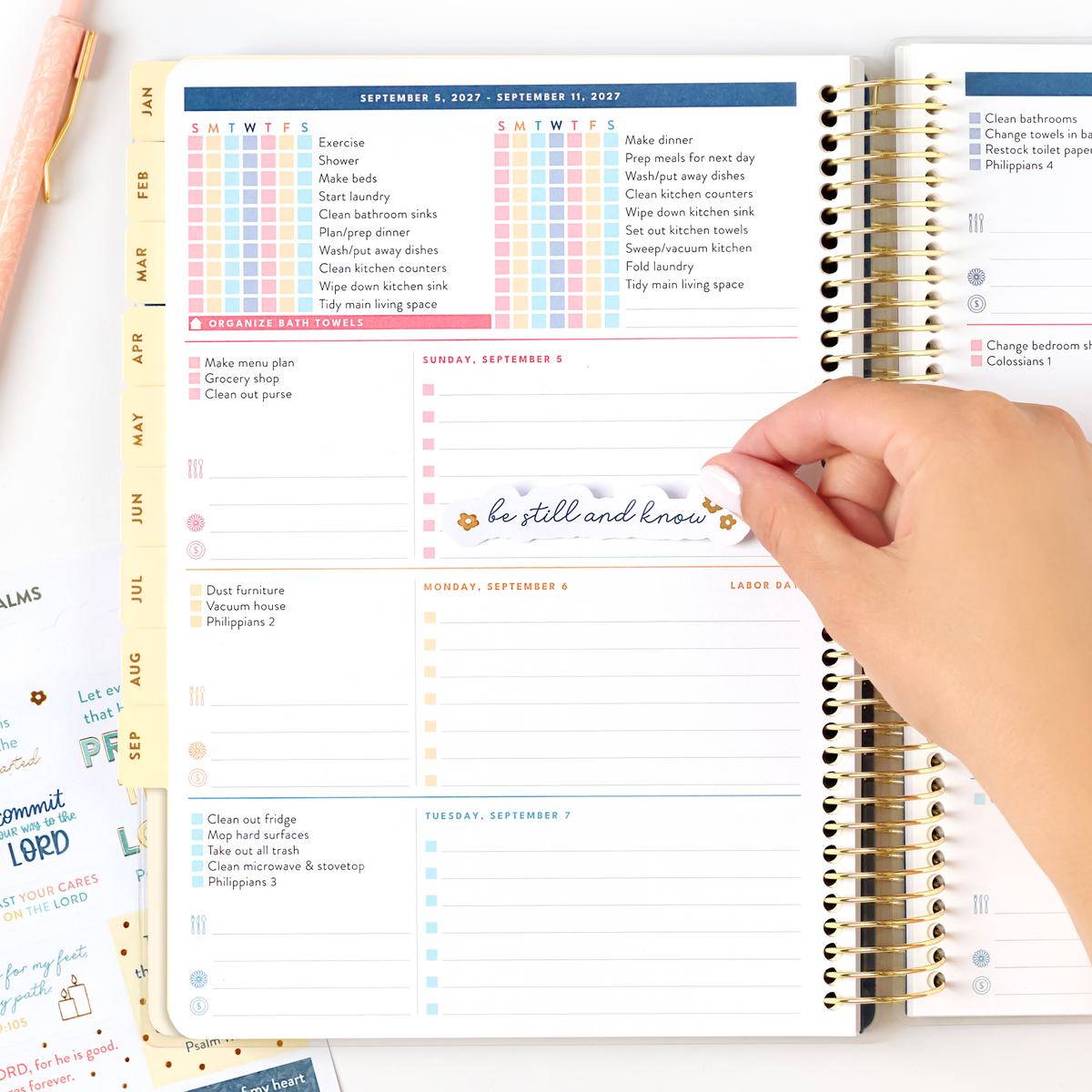 2027 blush home planner weekly checklist page with sticker