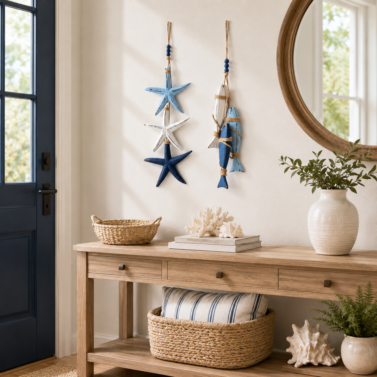 23.2 in × 6.7 in Lighted Coastal Wooden Starfish & Fish Hanging Decor