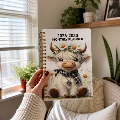 2026-2030 Calendar - From January 2026 to December 2030, 5-year calendar, cartoon Highland cow themed cover design, annual calendar planning, month labels, 60-month calendar