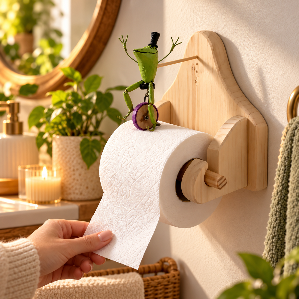 Creative frog wooden toilet paper holder displayed in a warm bathroom