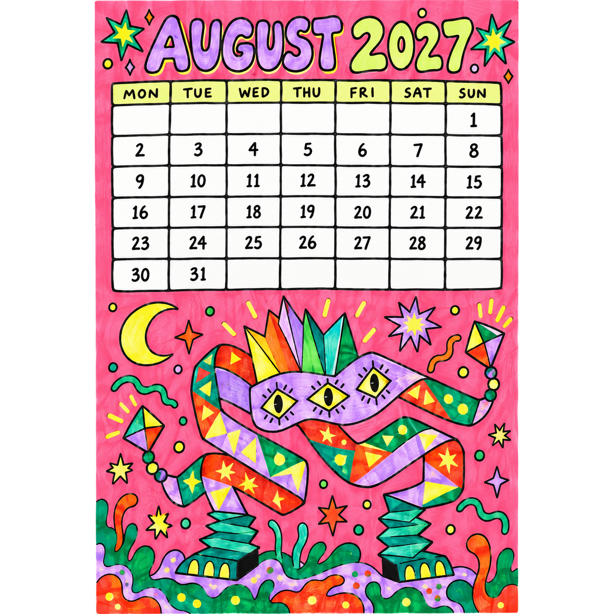 August 2027 whimsical fantasy calendar page