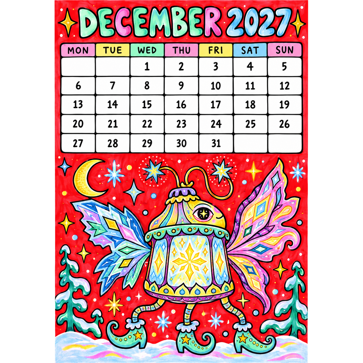 December 2027 whimsical art calendar page