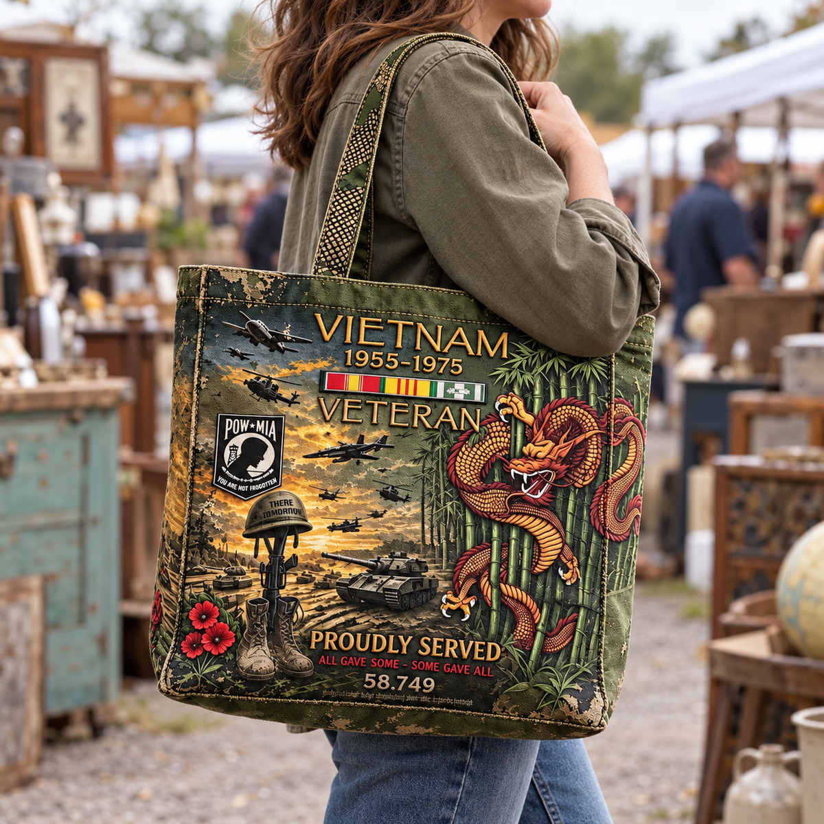 🌹🪖Vietnam Veteran Canvas Tote Bag – Embroidered Tribute Gift