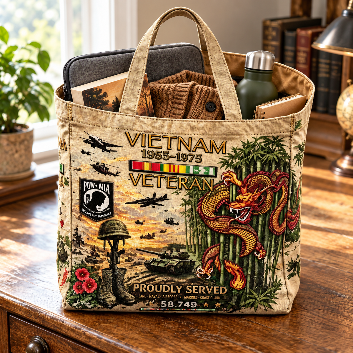 Open khaki Vietnam Veteran Tribute tote holding everyday essentials