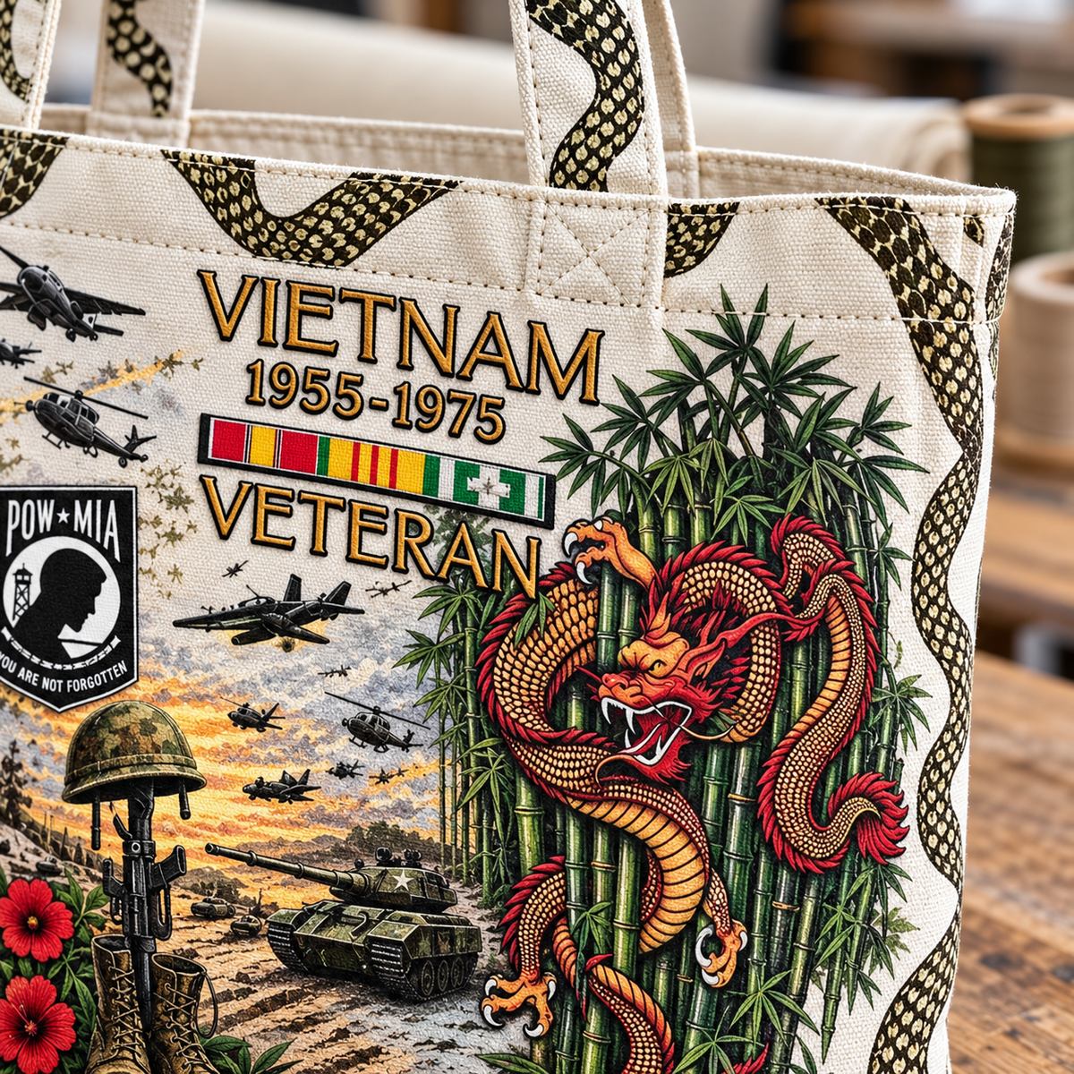 Close view of the tote handle, seams, and full-color canvas print