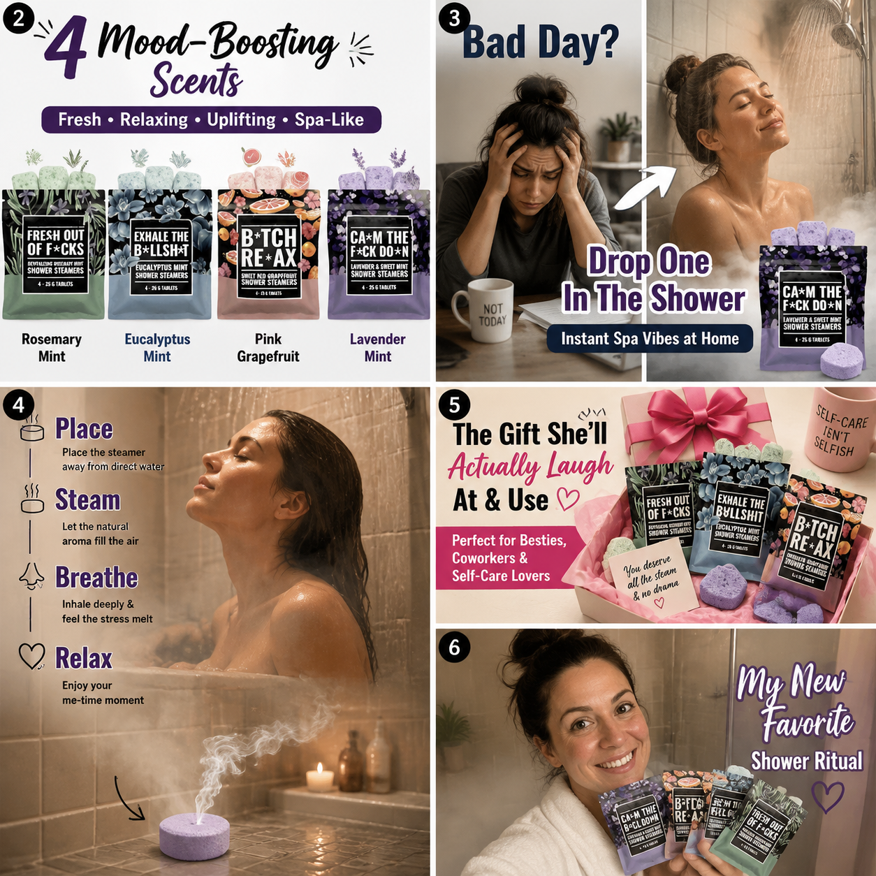 Swear Shower Steamers scent choices, shower placement, gifting, and customer-style use scenes