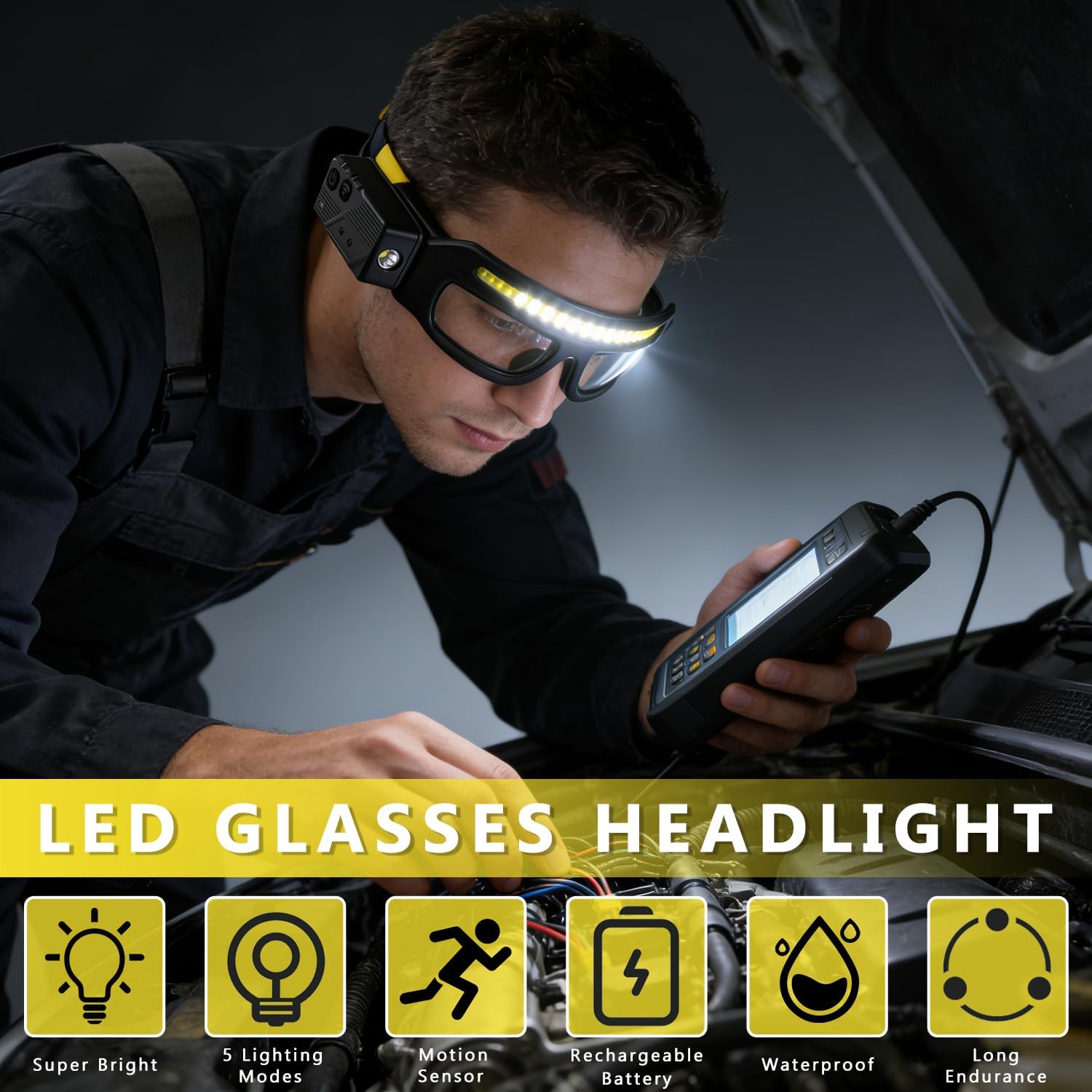 Mechanic wearing LED glasses while working in an engine bay