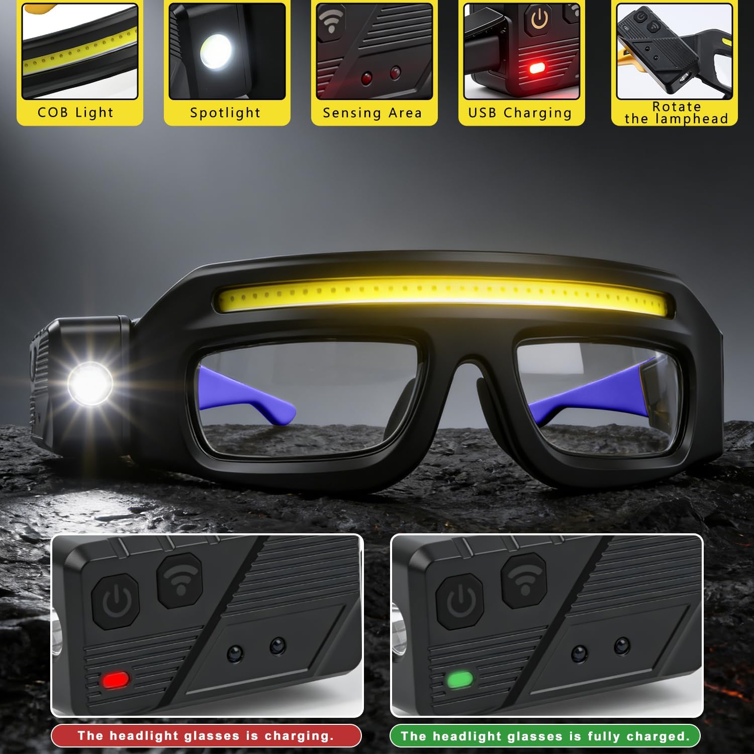 Close-up of COB light, spotlight, sensor and charging indicators