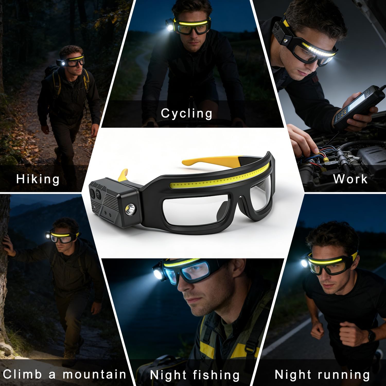 LED glasses shown in workshop and outdoor activity scenes