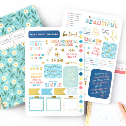 2027 blue floral home planner stickers with planner