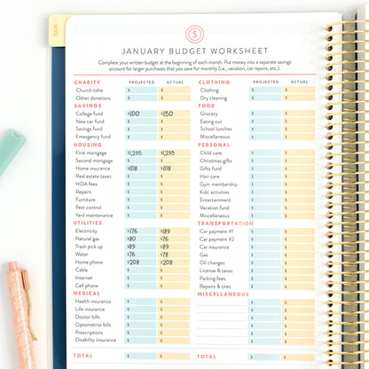 2027 navy plaid home planner january budget worksheet page