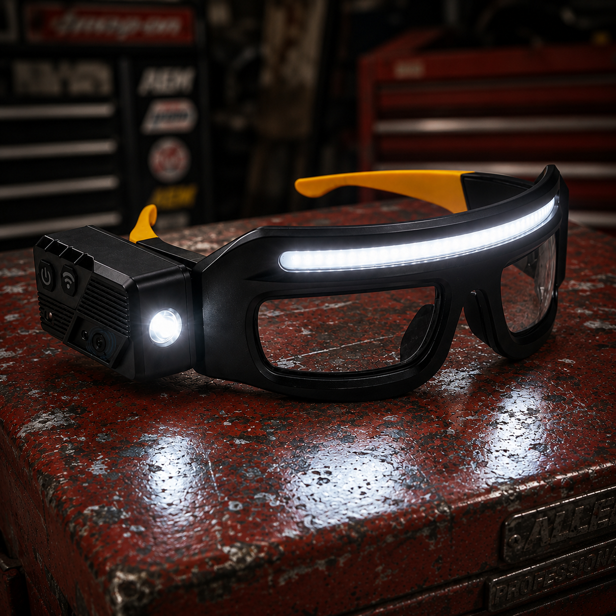 Rechargeable LED glasses on a workshop tool case