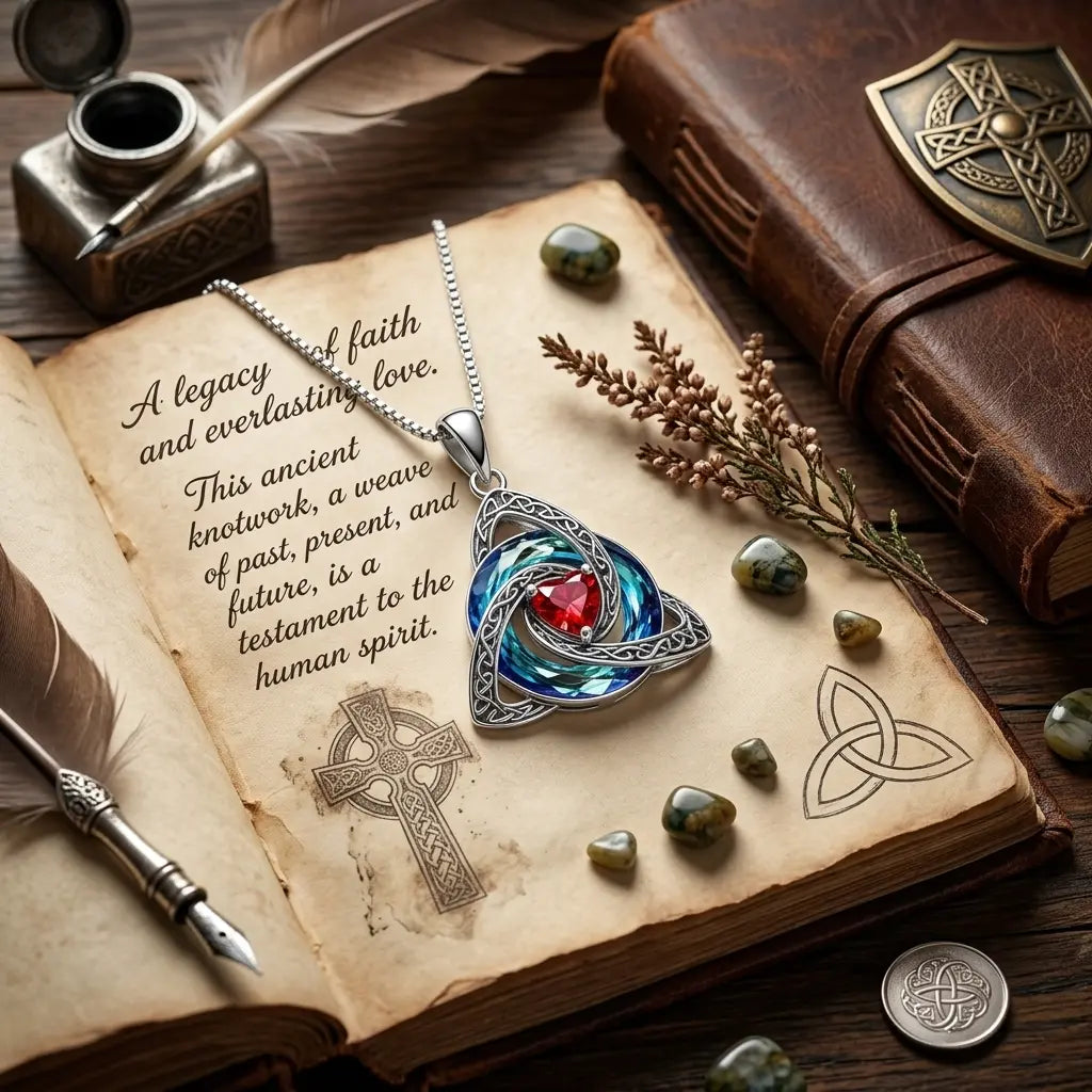 Celtic-inspired birthstone necklace arranged with a sentimental keepsake message