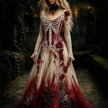 🖤 Gothic Skeleton Rose Maxi Dress