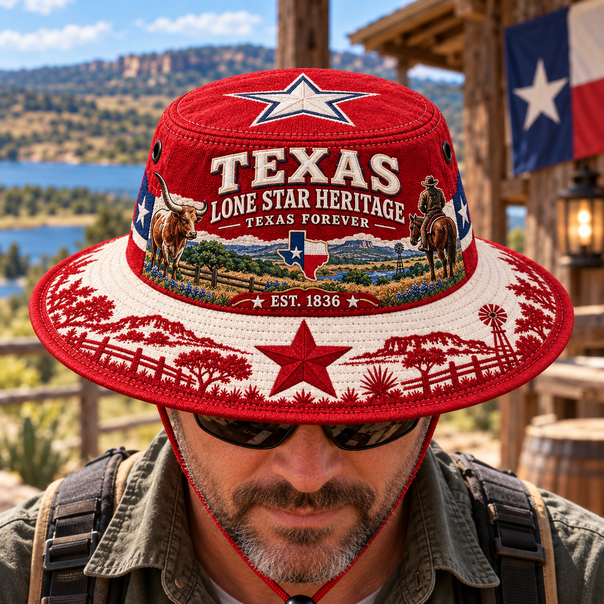 Close view of the red Texas heritage hat being worn