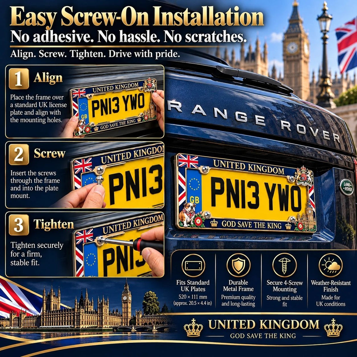 ⏳ Last Day 49% OFF – 🇬🇧 United Kingdom “God Save the King” License Plate Frame | Premium Metal, 3D Enamel Details & Secure Screw-On Fit 👑