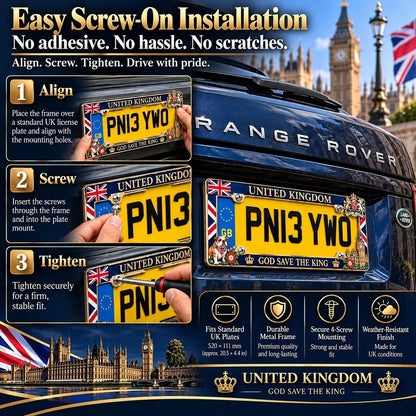 ⏳ Last Day 49% OFF – 🇬🇧 United Kingdom “God Save the King” License Plate Frame | Premium Metal, 3D Enamel Details & Secure Screw-On Fit 👑