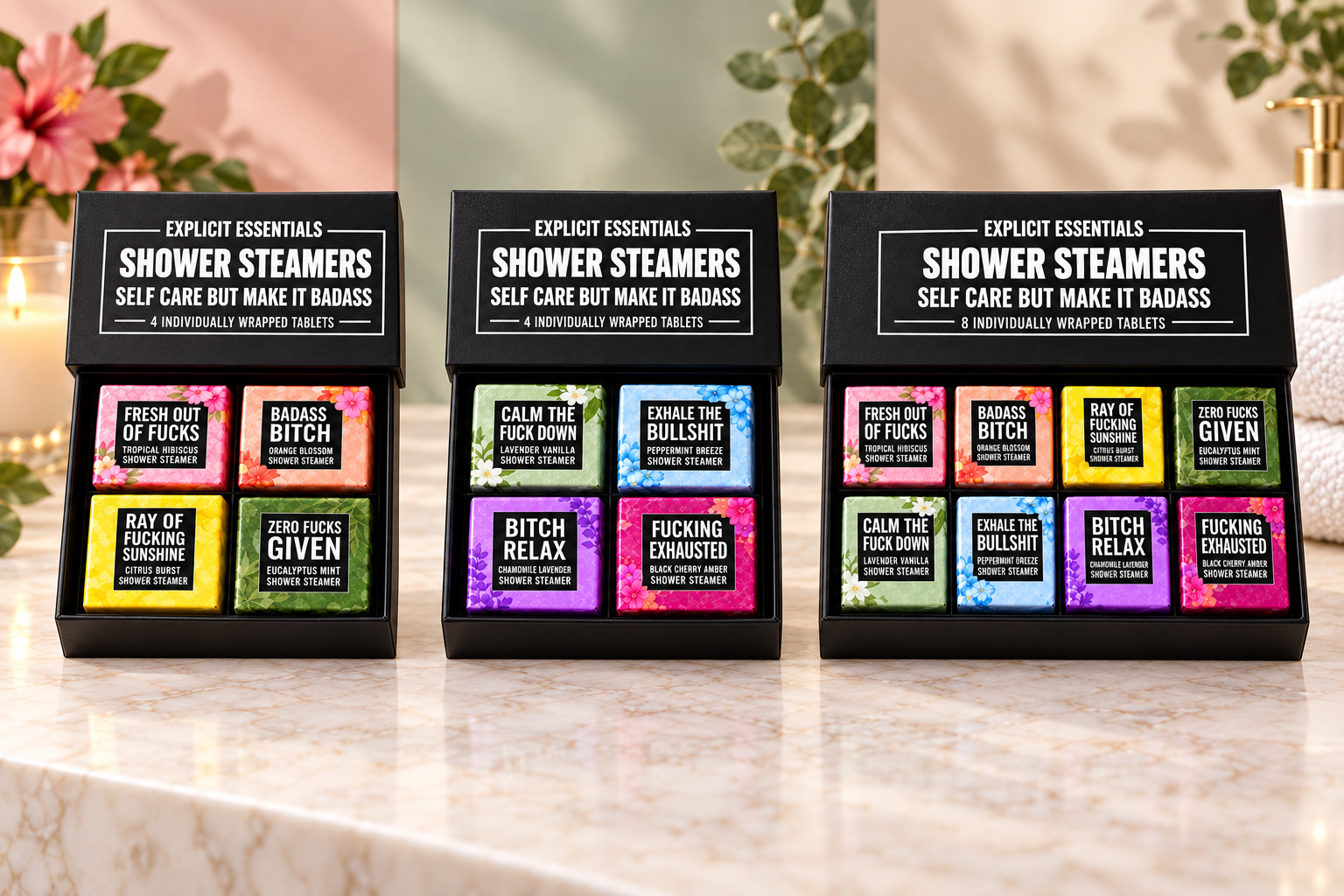 Bright and Fruity, Calm and Fresh, and Complete Collection shower steamer gift sets