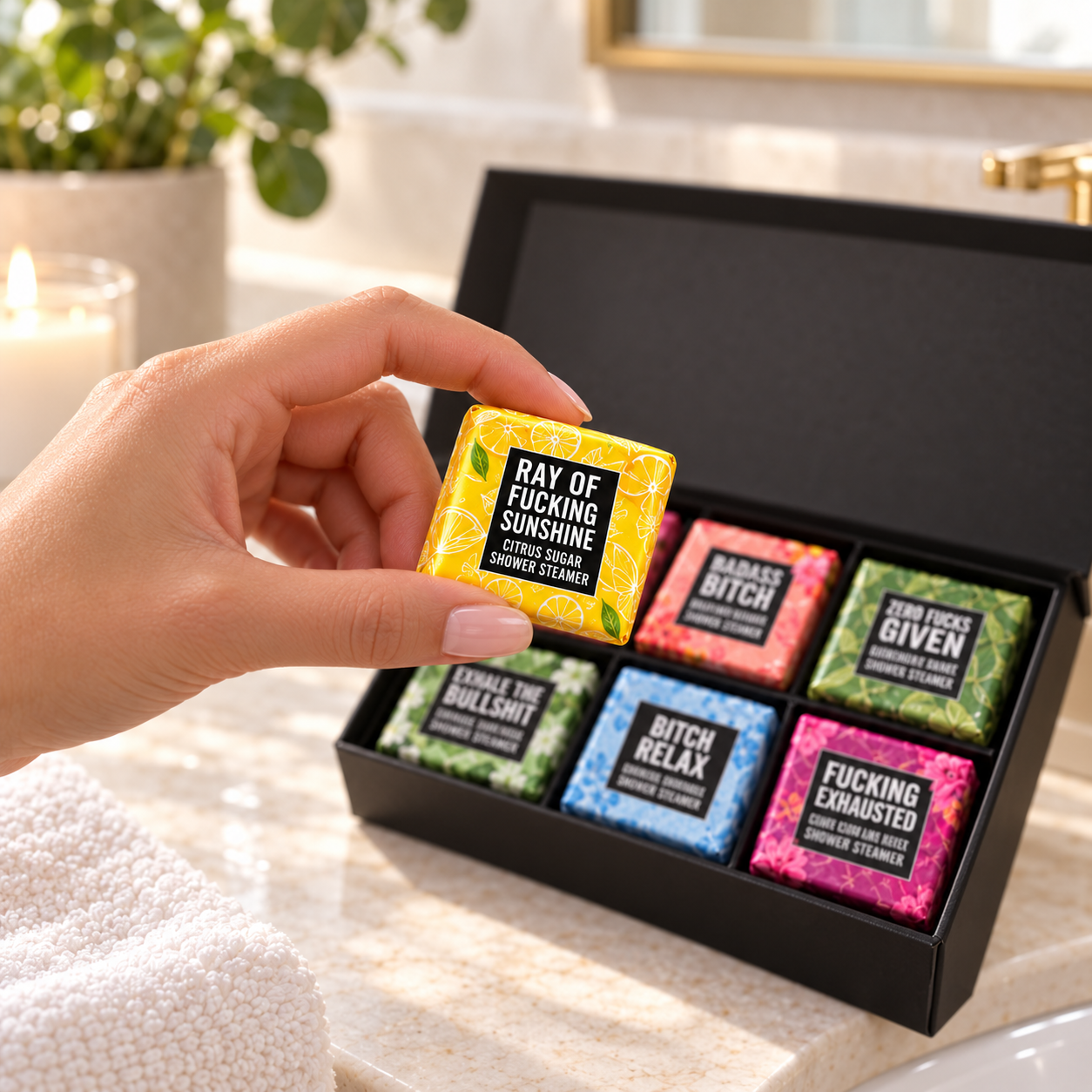 Hand choosing one individually wrapped steamer from the gift box
