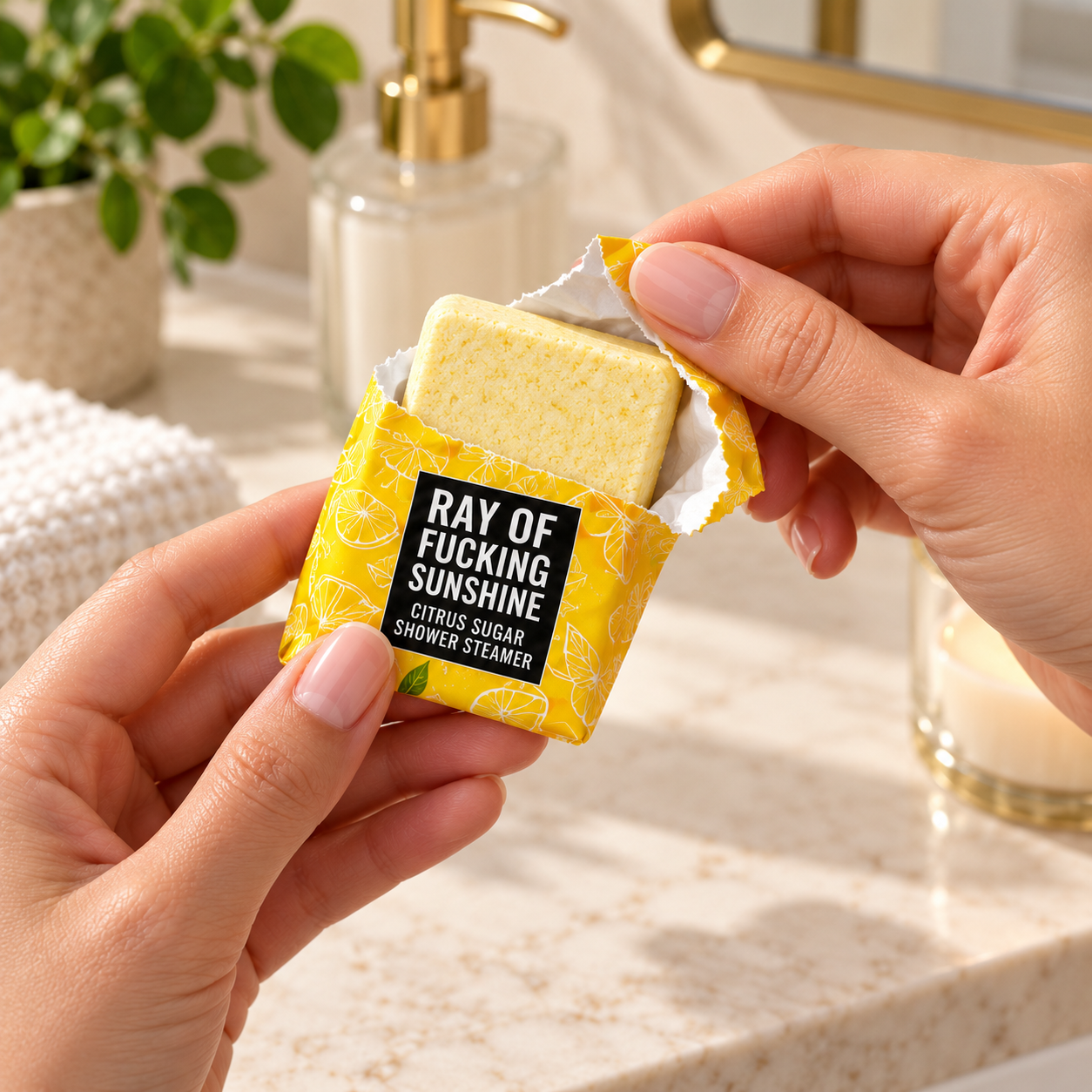 Hands unwrapping a square shower steamer tablet