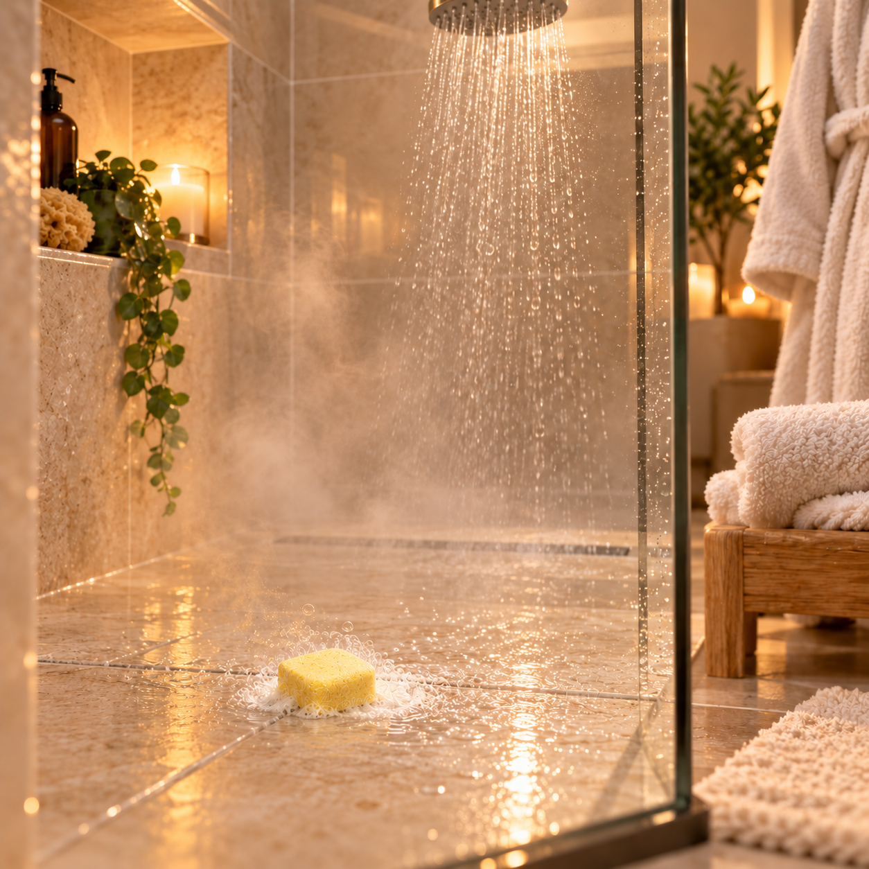 Unwrapped shower steamer gently fizzing as warm water reaches it