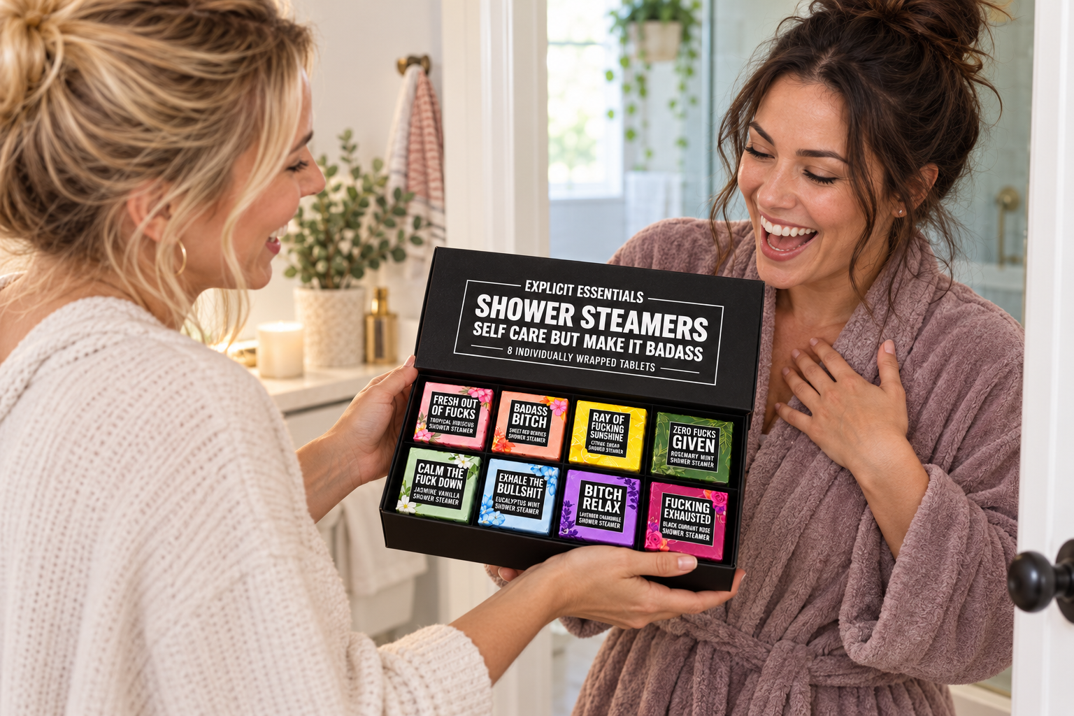 Friend receiving the complete eight-piece shower steamer gift box