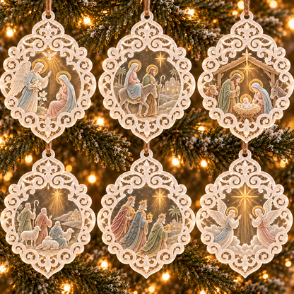 ✝️👼6-Piece Nativity Christmas Ornaments – Holy Family, Three Wise Men & Angels