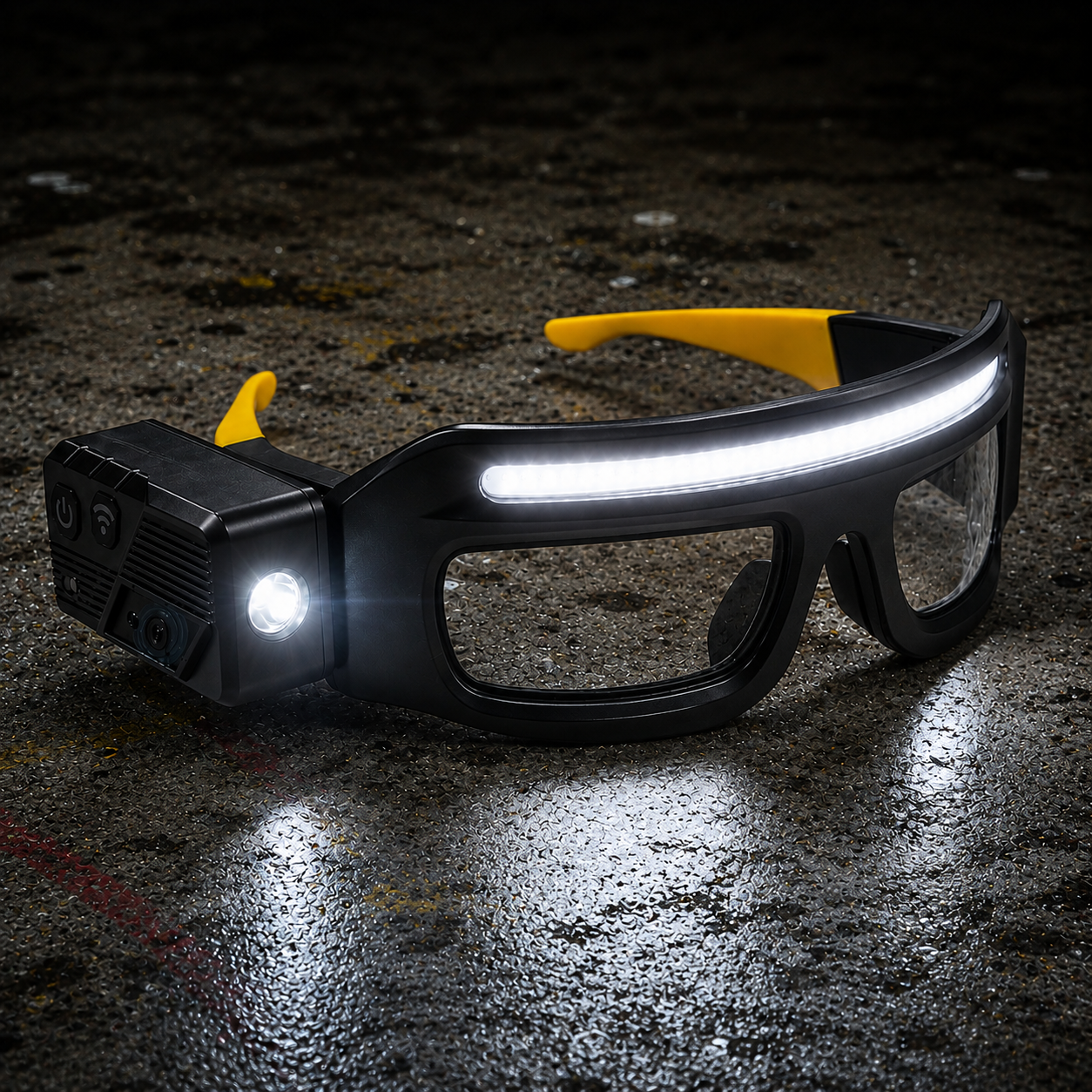 LED work light glasses with a front COB strip and side spotlight