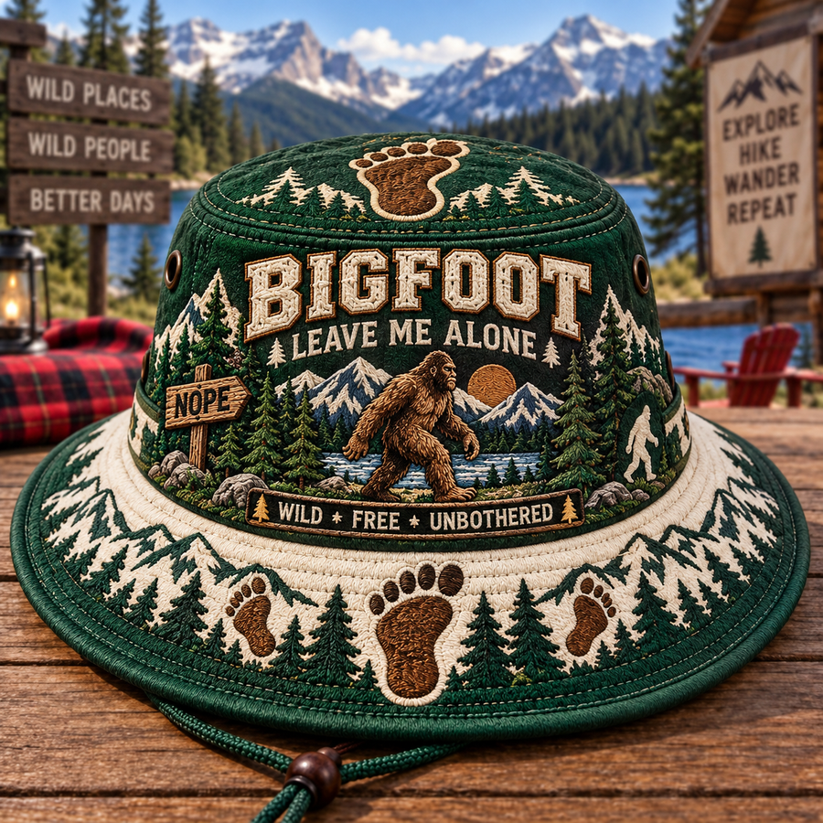 🦶🌲 Bigfoot “Leave Me Alone” Embroidered Boonie Hat — Wild, Free & Unbothered