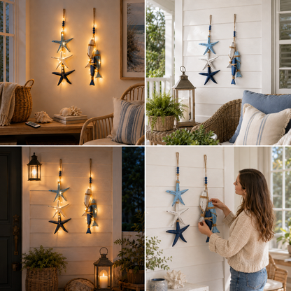 23.2 in × 6.7 in Lighted Coastal Wooden Starfish & Fish Hanging Decor