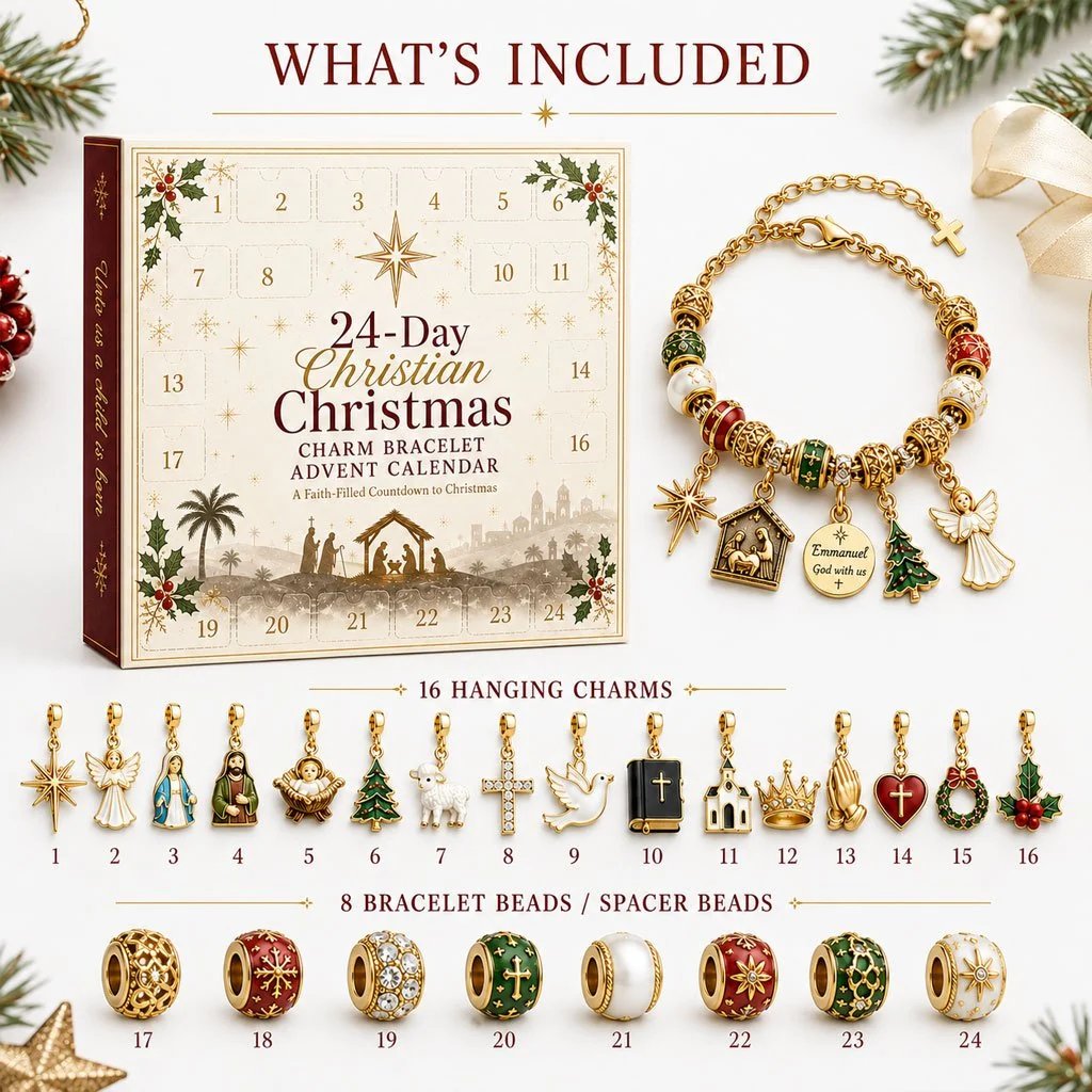 Christian Christmas Advent calendar with 24 bracelet charms and beads displayed