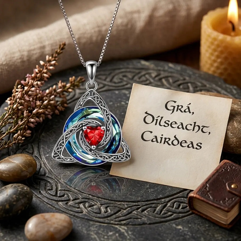 Celtic-inspired necklace displayed with a card about Irish friendship