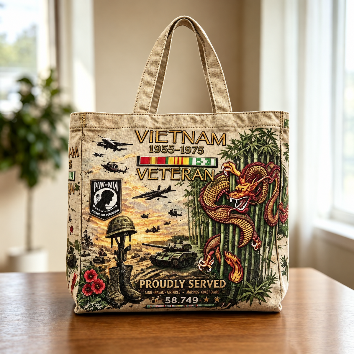 🌹🪖Vietnam Veteran Canvas Tote Bag – Embroidered Tribute Gift