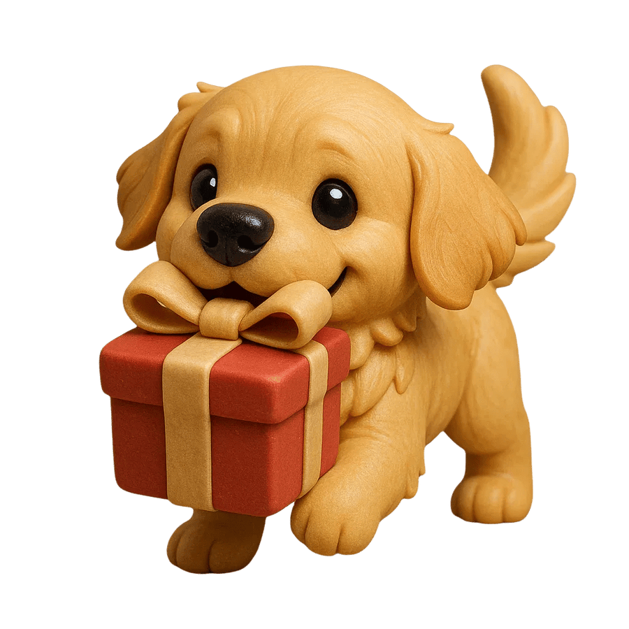 Golden Retriever carrying a Christmas gift