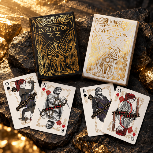 Black and ivory editions of gold foil illustrated playing cards; editions sold separately
