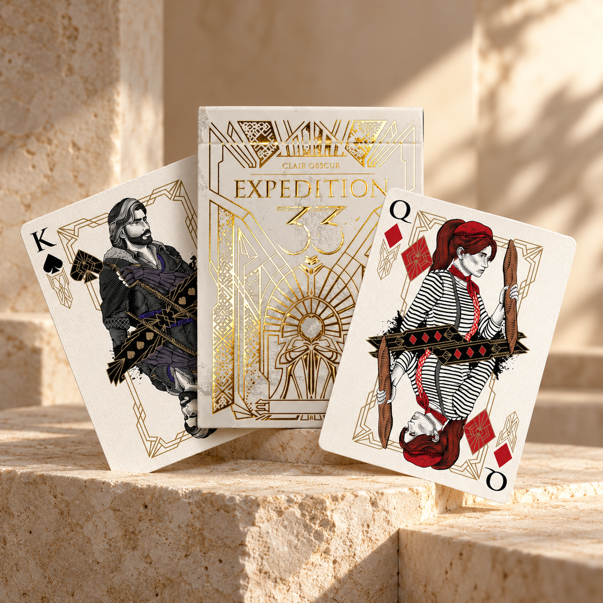 Ivory and gold playing card edition with illustrated court cards