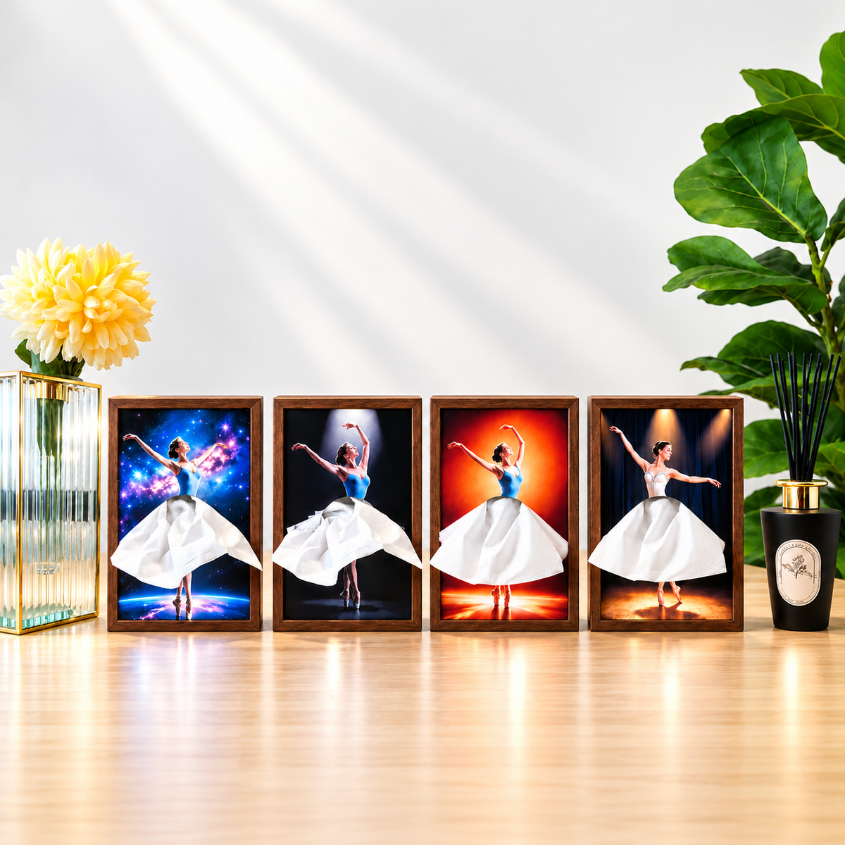 Four ballerina tissue box artwork styles together